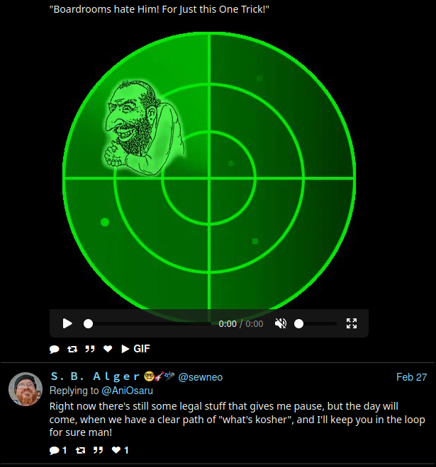 Sean Bryan Alger, a supremacist 'targeting a Jew' in a crosshair. Note S.B. Alger is dependent on Alicia Anna Taylor who is on the Pentagon’s Payroll.  "Boardrooms hate Him! For Just this One Trick!" 0:00 / 0:00 GIF S. B. Alger@sewneo Replying to @AniOsaru Feb 27 Right now there's still some legal stuff that gives me pause, but the day will come, when we have a clear path of "what's kosher", and I'll keep you in the loop for sure man! 1 ♥1